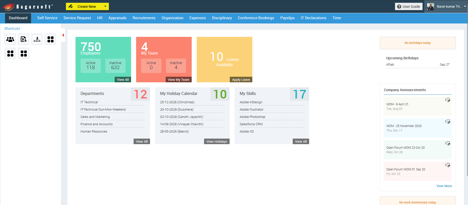Sentrifugo HRMS Dashboard