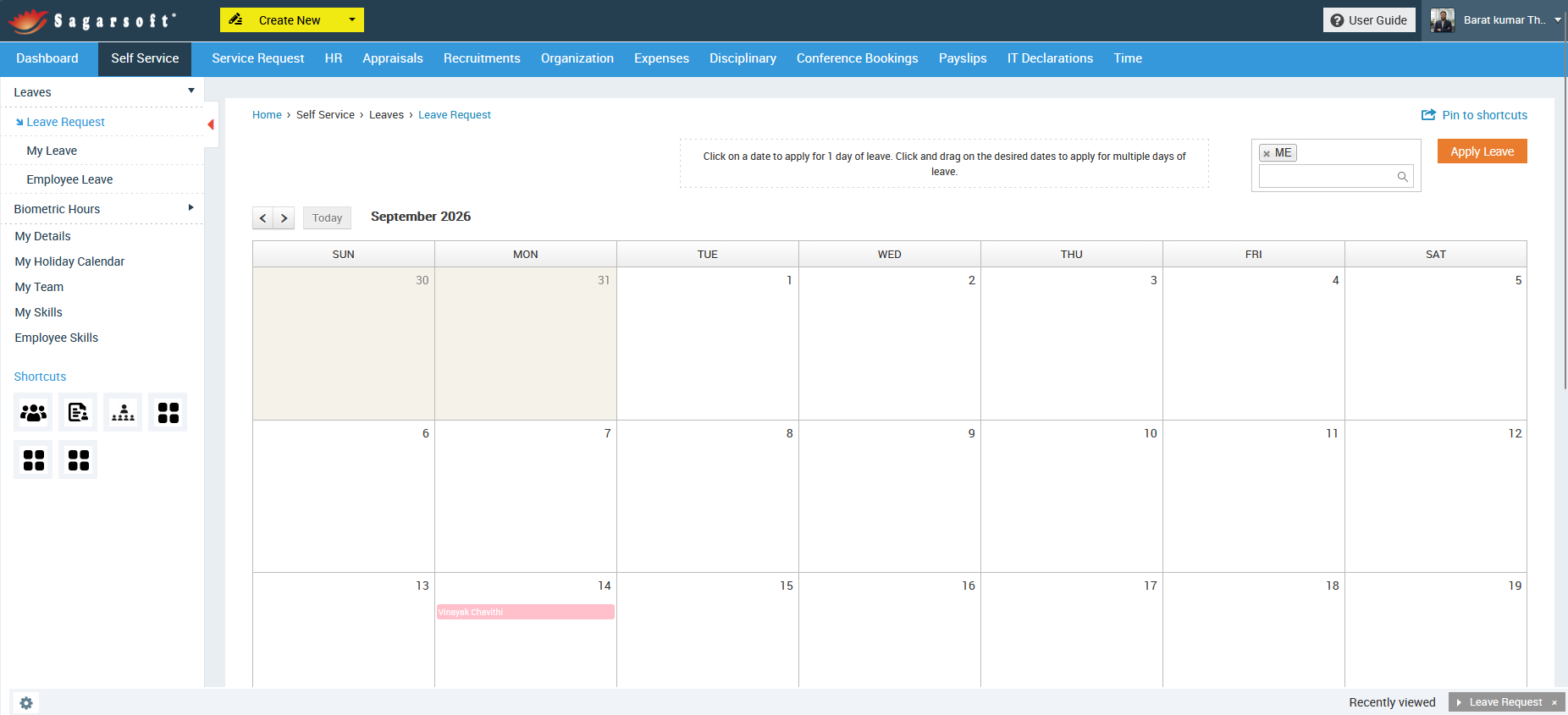 Sentrifugo HRMS Leave calendar